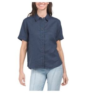 JOHNNY WAS CALME Cuff Sleeve Button Up Camp Shirt XS Navy Blue 100% Linen Casual